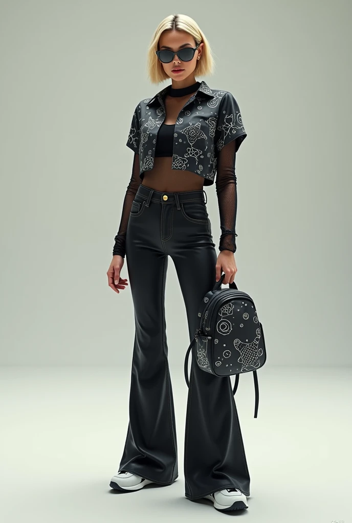 "A stylish blonde woman in a satin shirt with molecular patterns over a black mesh top, paired with high-waisted flared jeans and futuristic sneakers. And Avant-garde sunglasses and a small backpack with DNA-like patterns."
