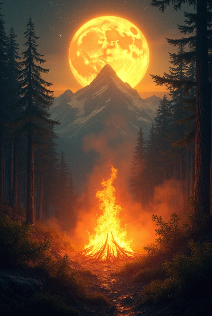 fire in the forest under the big yellow moon and star have mountain Background 
