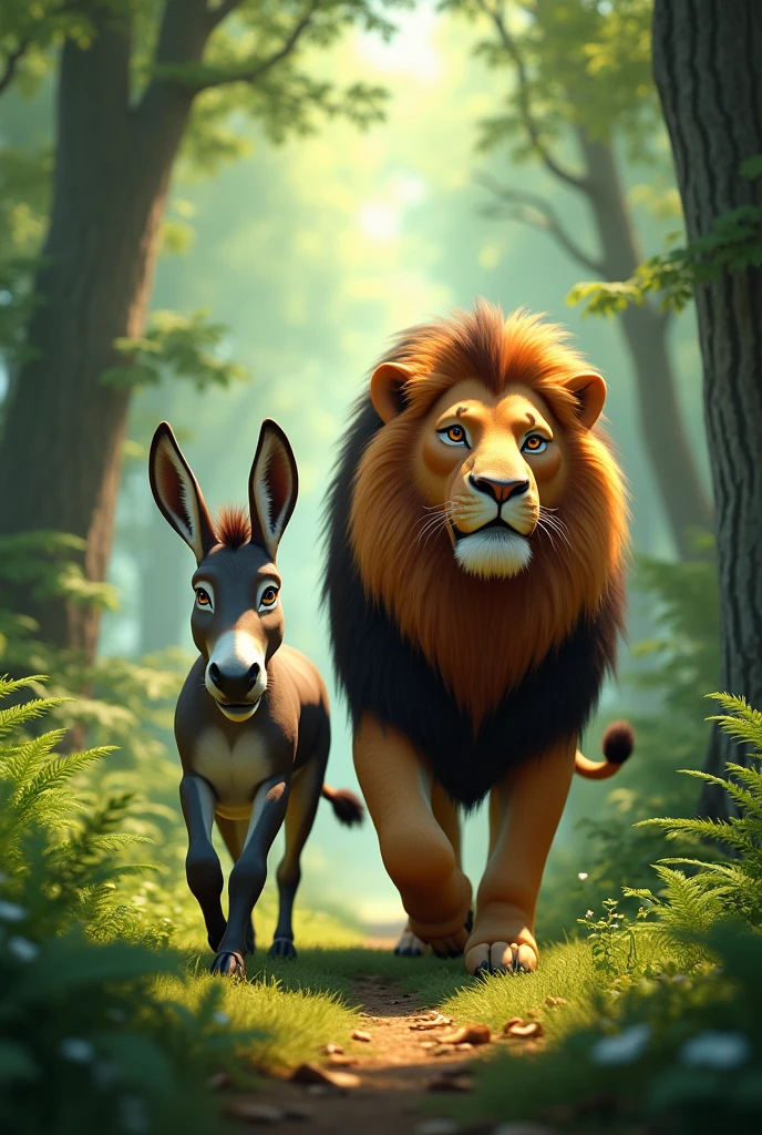 The donkey is walking in the forest with the lion.