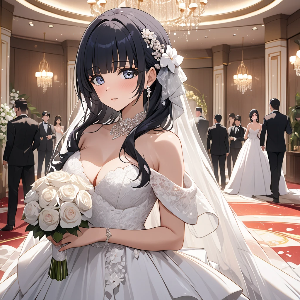 ((Highest quality)), ((masterpiece)), (detailed), (Perfect Face)、The woman is Reika Aoki, the wife of a mafia boss, with medium-long black hair and an engagement ring.、In a luxurious wedding hall, a woman is wearing a gorgeous wedding dress and having a luxurious mafia wedding with a mafia boss man.