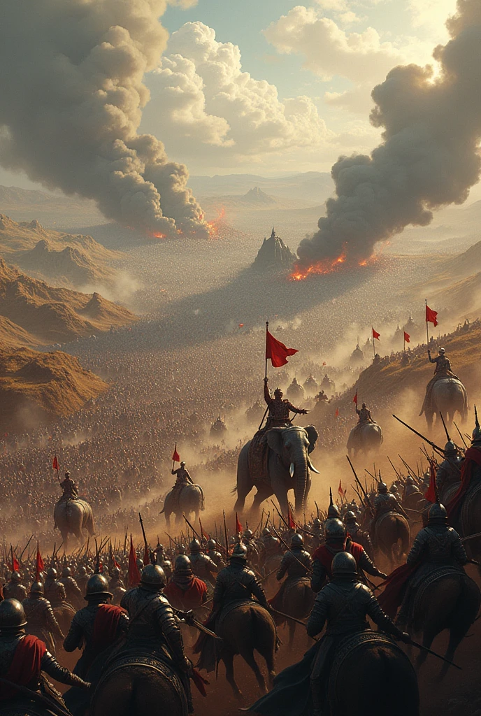 Make a biggest war picture where lot of warrior like laks of people fight with horses elephant swords