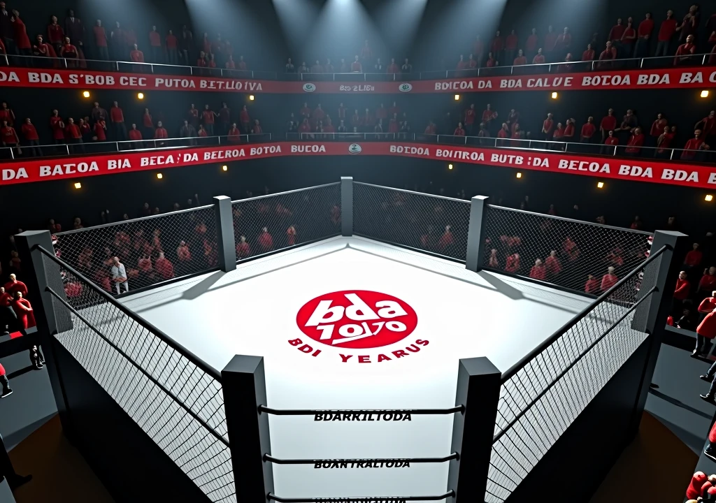 Fighting ring, the stage is white and in the center the following words are written in Portuguese (" BDA 10 years") . Instead of ropes are bars . The posts are black and the following words are written on them in Portuguese ("BDA 10 years"). The ring is empty with no fighters and the audience is cheering wildly and we are seeing the ring in first person as if we were inside in first person we have a very realistic view from inside the ring 