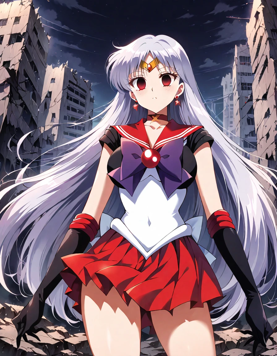 (masterpiece, Highest quality, so beautiful, Very detailed), Intricate details, 12k, Honestly, aamars, long hair, tiara, earrings, red choker, red sailor collar, purple bowtie, (black shirt:1.1), elbow gloves, black gloves, pleated skirt, red skirt, bare legs, Are standing, (ful body:1.6),,(evilSmile:1.2), one person,(Silver Hair:1.4),(empty eyes,:1.4),From below,Watching the dawn,,View your audience,(red eyes:1.2),(Destroyed City:1.4),Put one foot on the rubble,(Anime Style:1.4)