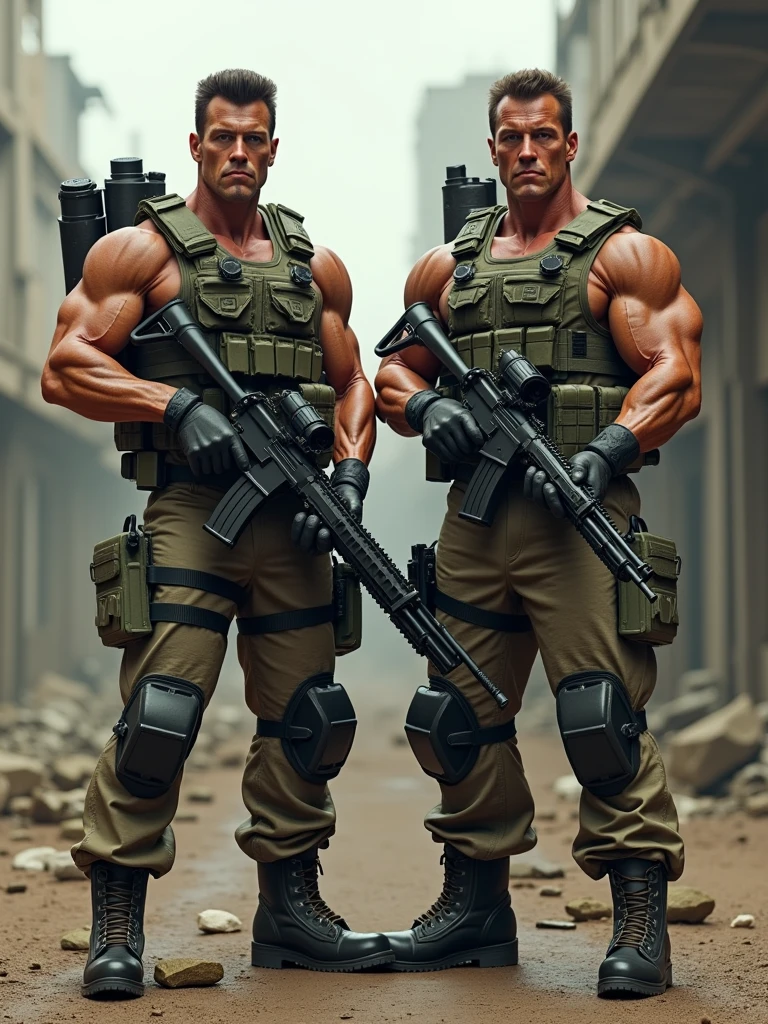 two soldiers like Stallone and Schwarzenegger with military clothing with machine guns and rocket launchers, labeled as Konami Contra. Realistic photo style.