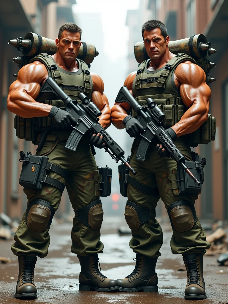 two soldiers like Stallone and Schwarzenegger with military clothing with machine guns and rocket launchers, labeled as Konami Contra. Realistic photo style.