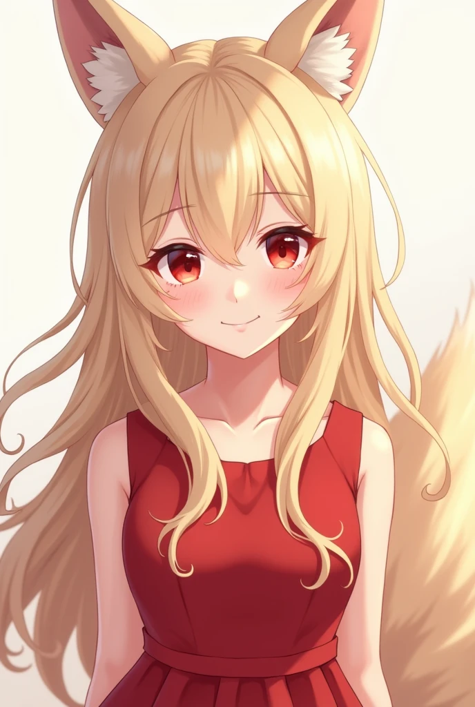Light blonde anime girl, Eyes red ,
three red hair strands in the front of the hair, blonde fox ears, ssmile
, long hair, face photo, red fashion dress clothes, older face ()