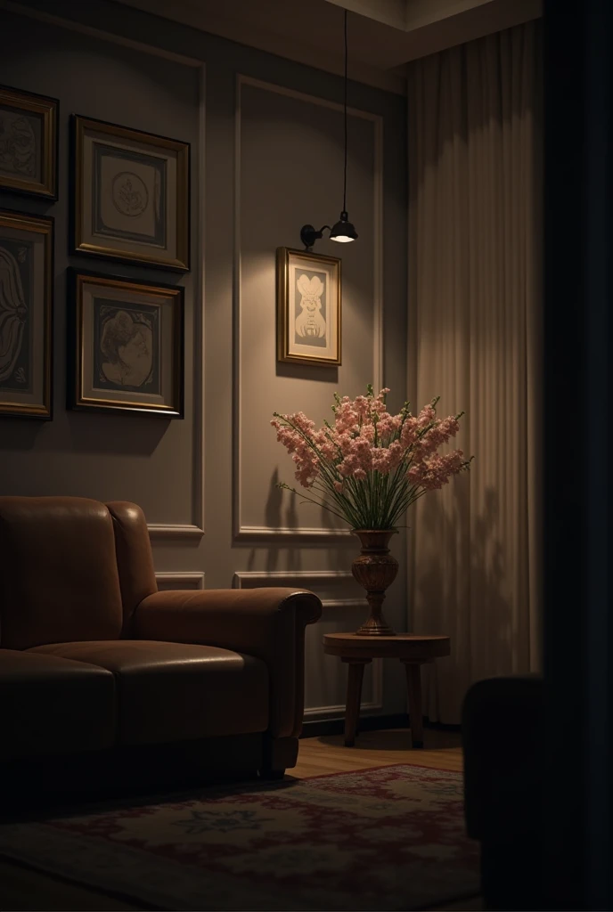 Background with frames on wall and flowers vase with dim lights without windows and sofa