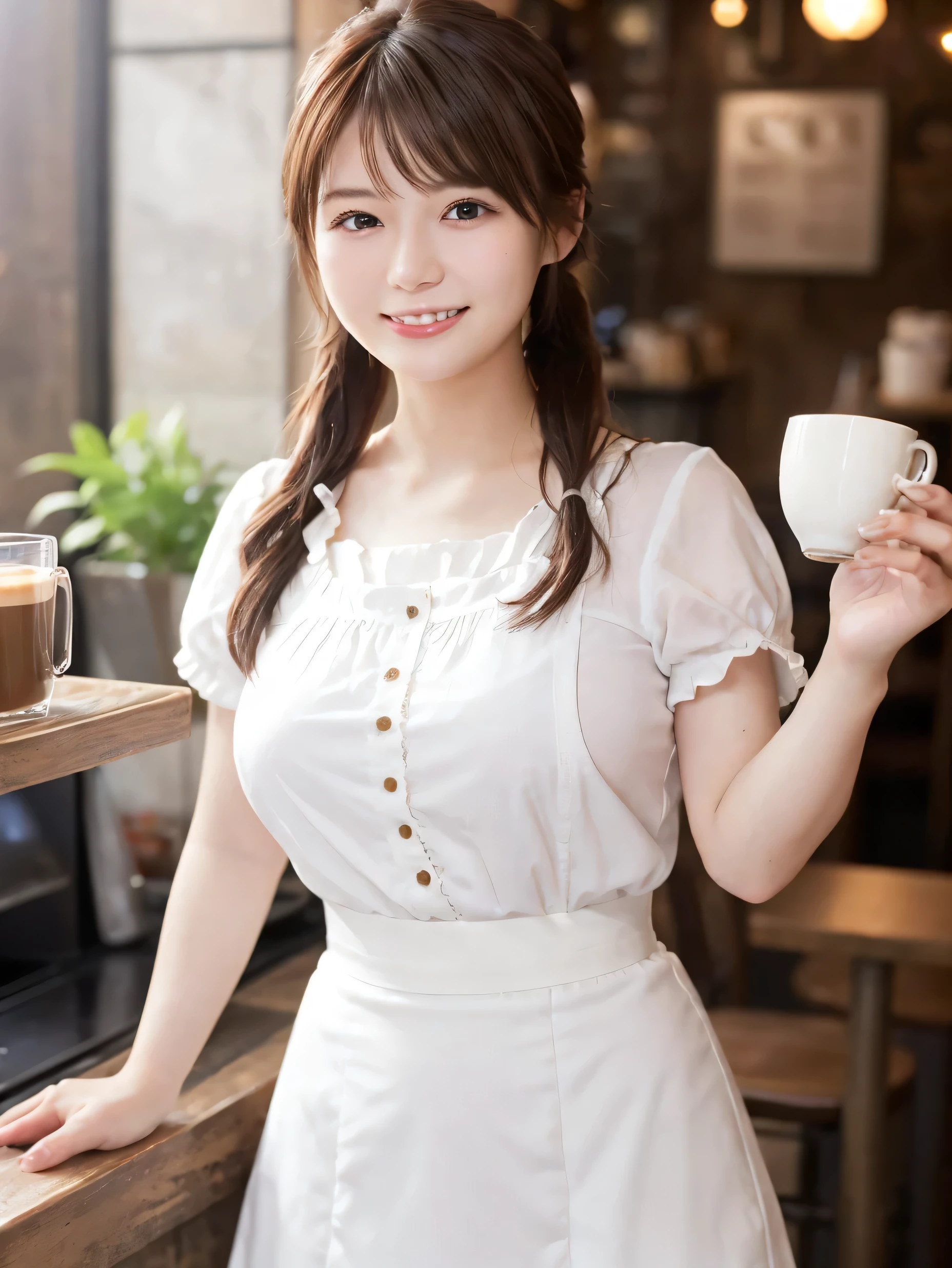 1 girl、(RAW Photos、Highest quality)、(Real、Photoreal:1.4)、Tabletop、Very delicate and beautiful、Very detailed、2k wallpaper、wonderful、Detailed、very detailedCG Unity 8K wallpaper、Super detailed、1、High resolution、((White waitress outfit))、Long skirt、Elegant skirt、Big Breasts、Frills、ribbon、Soft Light、Beautiful detailed girl、Cafe waitress、Medium Hair、Twin tails、smile、Happy Face、Cafe、coffee shop、latte Art