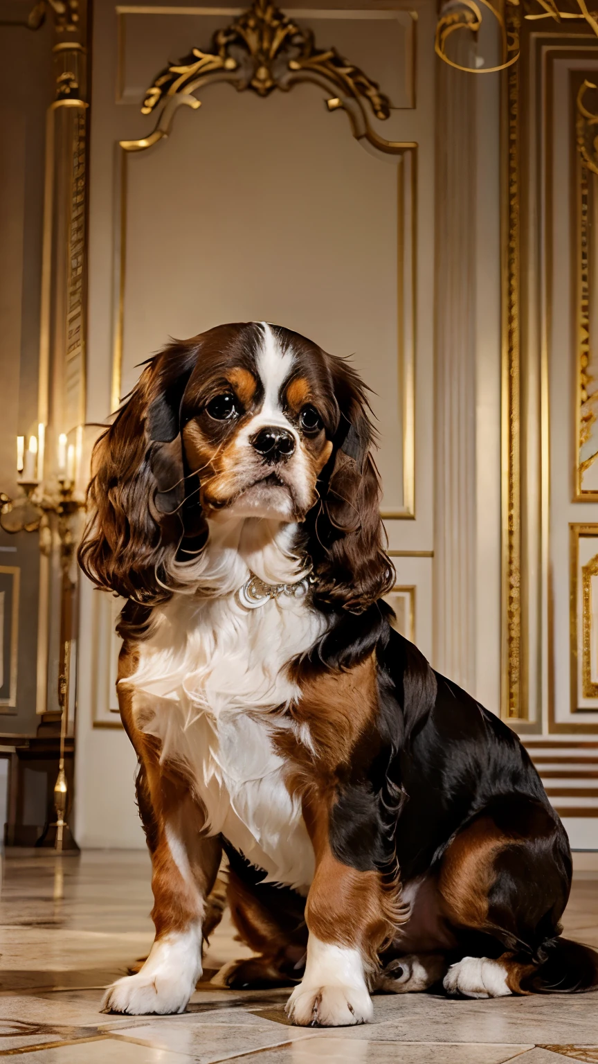 Generate a high-resolution image of a one Cavalier King Charles Spaniel dog set against a luxurious background. The image should feature the breed's unique characteristics and personality, with an opulent setting such as a grand mansion interior, a lavish garden, or an elegant penthouse