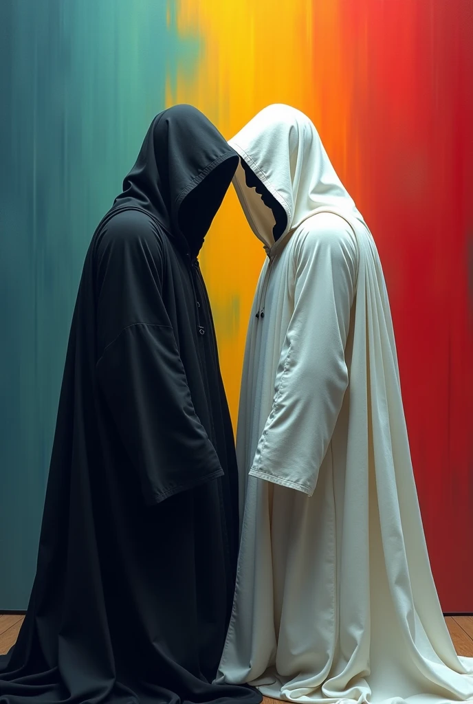 

A man in a black robe covering his face turns his back to a man in a white robe covering his face. Bright colored background.