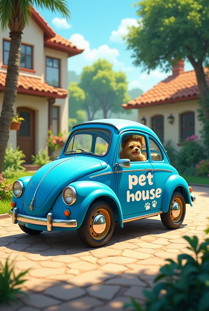 Blue car with the word pet house written on it