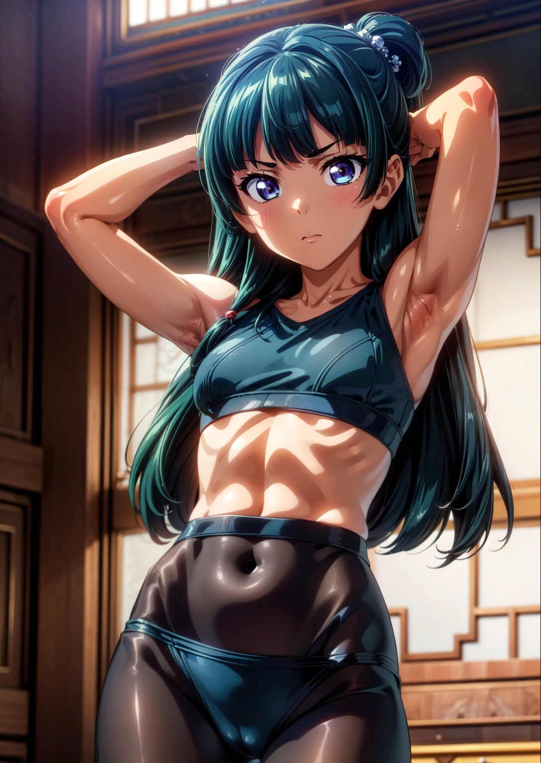 (Masterpiece, High Quality, Top quality, High-Detailed, Detailed CG, Cinematic Shadow, Cinematic Scene, Beautiful Detailed Eyes, Ultra Resolution, Depth of Field, High Resolution, Masterpiece: 1.2), Anime Art style, Very Detailed, Dynamic Angle, Detailed Green Hair, Detailed Blue Eyes, Purple Eye, Slim Body, Sparkling Eyes, Sparkling Detailed Eyes, Hair Accessory, Earrings, Slightly Blunt Bangs, Looking at the Audience, Cute, Five Finger, (Angry Expression:1.0), (Sport Bra:1.2), (Pantyhose:1.2), Good Composition, Bared Shoulder, Thigh, Small Breasts, Small Size Breasts, Blur Background, Chinese Architectures