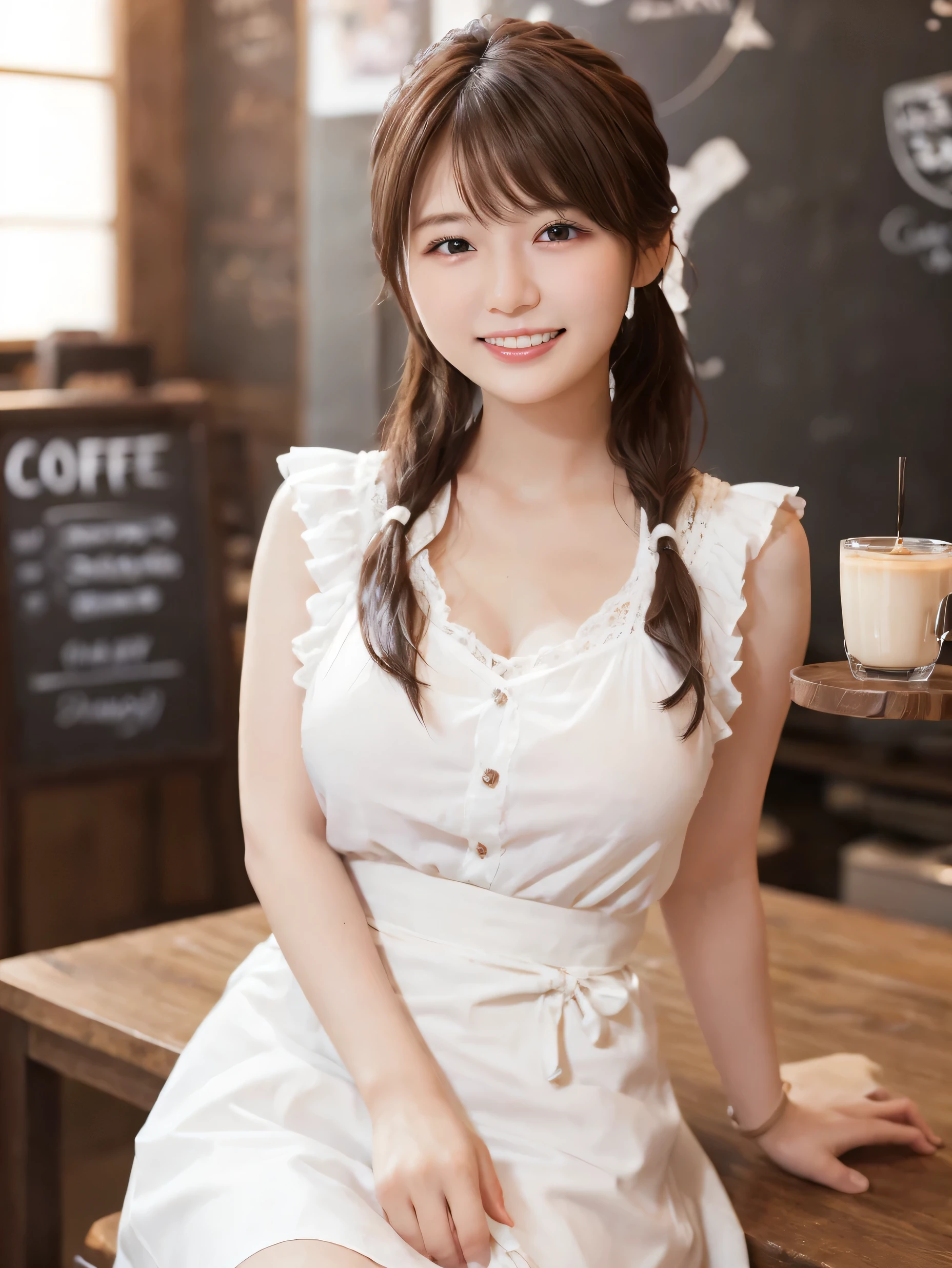 1 girl、(RAW Photos、Highest quality)、(Real、Photoreal:1.4)、Tabletop、Very delicate and beautiful、Very detailed、2k wallpaper、wonderful、Detailed、very detailedCG Unity 8K wallpaper、Super detailed、1、High resolution、((White waitress outfit))、Long skirt、Elegant skirt、Big Breasts、Frills、ribbon、Soft Light、Beautiful detailed girl、Cafe waitress、Medium Hair、Twin tails、smile、Happy Face、Cafe、coffee shop、latte Art