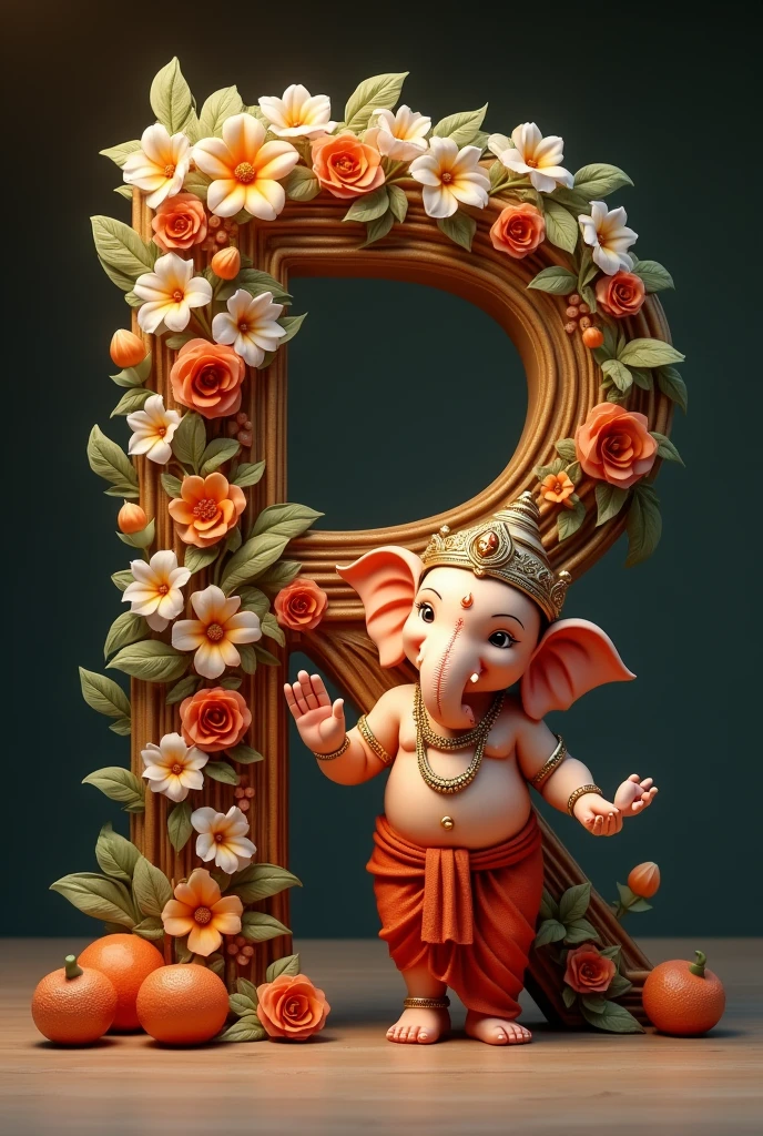 A cute, Lord Ganesh, standing next to a large, black letter “R” adorned with white and orange flowers. The background is simple dark, and the lighting is soft and warm. full hd quality picture, 32k quality images.