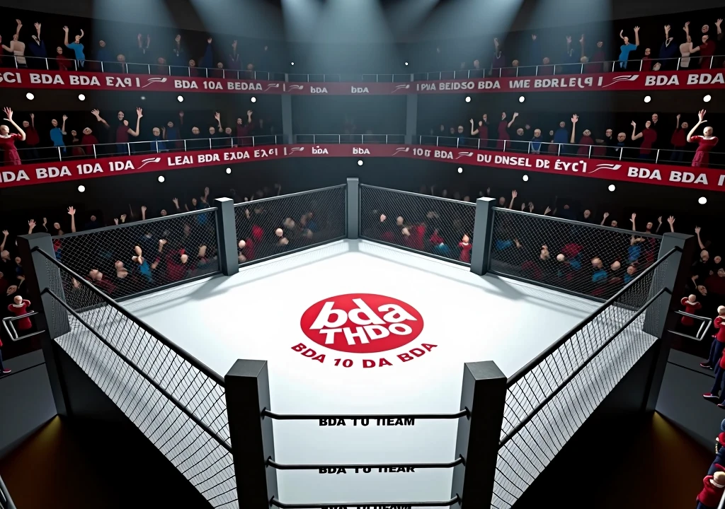 Fighting ring, the stage is white and in the center the following words are written in Portuguese (" BDA 10 years") . Instead of ropes are bars . The posts are black and the following words are written on them in Portuguese ("BDA 10 years"). The ring is empty with no fighters and the audience is cheering wildly and we are seeing the ring in first person as if we were inside in first person we have a very realistic view from inside the ring