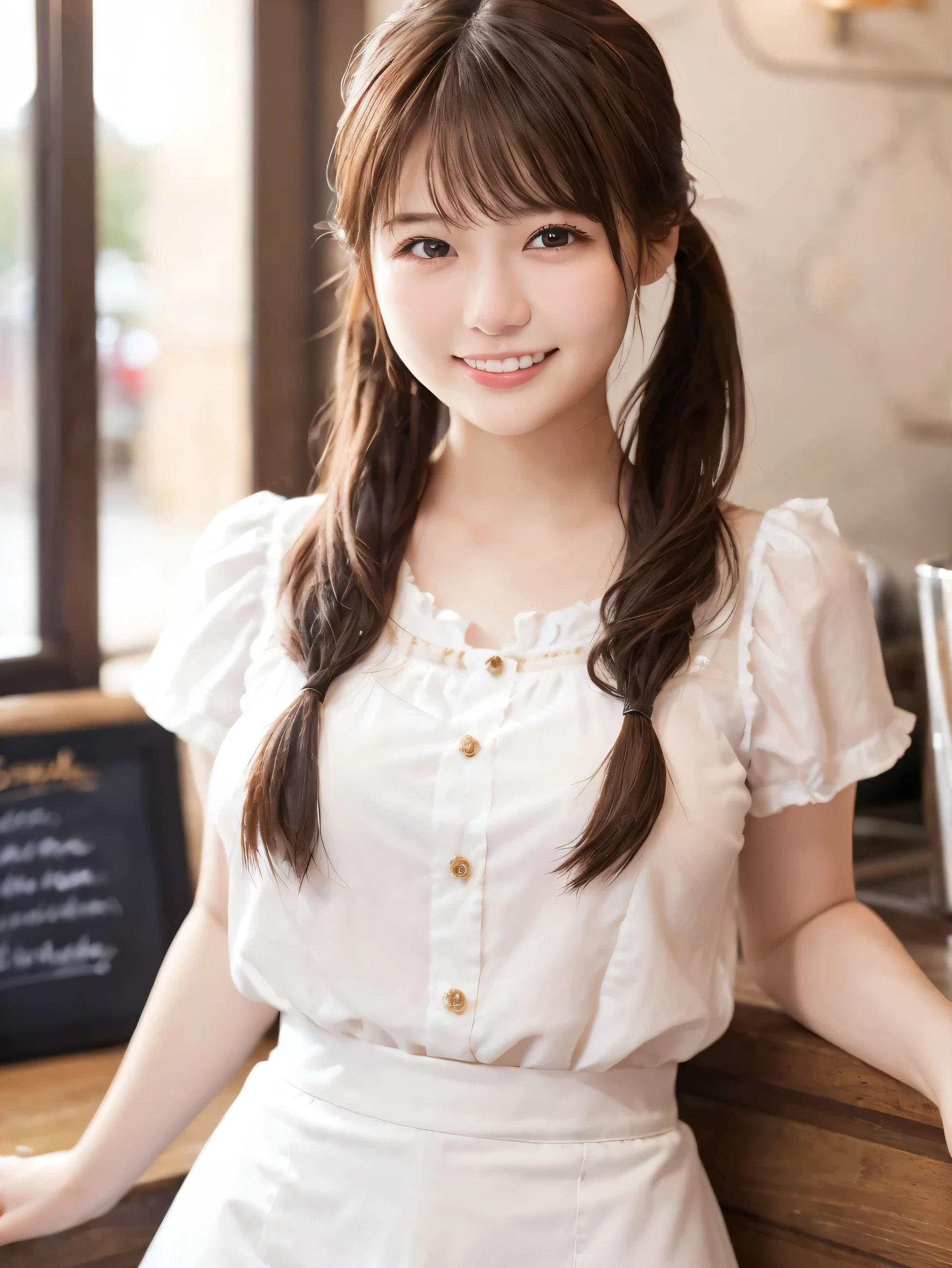 (Twin-tailed hair girl with slender small breasts in white blouse:1.5)、(Smiling girl sitting on bench:1.3)、(Colorful flower plantation in blue sky:1.3)、(tre anatomically correct:1.3)、(complete hands:1.3)、(complete fingers:1.3)、Photorealsitic、Raw photography、masutepiece、top-quality、Hi-Res、delicate and pretty、face perfect、Beautiful detailed eyes、Fair skin、Real Human Skin、pores、((thin legs))、(Dark hair)