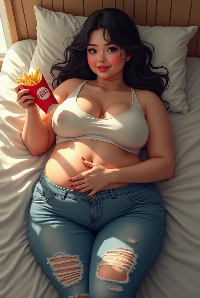 SHEIN Haute Plus Size Ripped Jeans with Cut Fringe on Side Tight, young woman, medium length black hair, oily hair, Belly free, tight crop top in white, brown eyes, curvy, chubby, holds on to his stomach with his hand, plump, chubby legs chubby arms, chubby cheeks, chubby belly, lying on the bed, pretty face, eats fast food