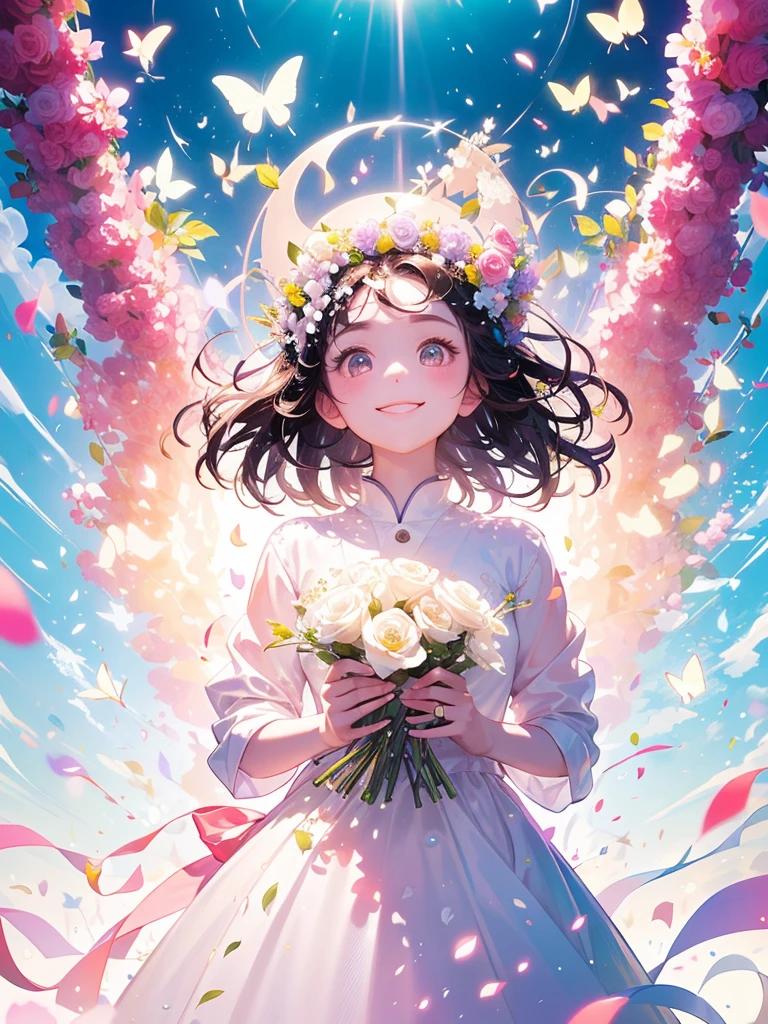 (masterpiece、Highest quality、Highest quality、Beautiful and beautiful:1.2)、(Perfect Anatomy:1.2)、Milky white straight hair girl、Butterfly Fairy、Floral costume、A radiant smile、Looking up at the sky、pray。、Flowers and leaves on head、Rose flowers blooming profusely、Rose Garden