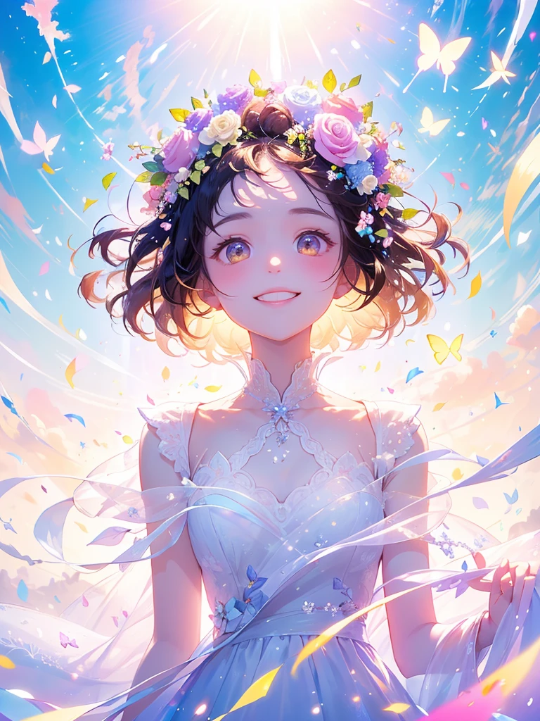 (masterpiece、Highest quality、Highest quality、Beautiful and beautiful:1.2)、(Perfect Anatomy:1.2)、Milky white straight hair girl、Butterfly Fairy、Floral costume、A radiant smile、Looking up at the sky、pray。、Flowers and leaves on head、Rose flowers blooming profusely、Rose Garden