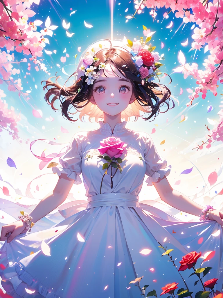 (masterpiece、Highest quality、Highest quality、Beautiful and beautiful:1.2)、(Perfect Anatomy:1.2)、Milky white straight hair girl、Butterfly Fairy、Floral costume、A radiant smile、Looking up at the sky、pray。、Flowers and leaves on head、Rose flowers blooming profusely、Rose Garden