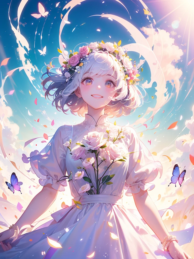 (masterpiece、Highest quality、Highest quality、Beautiful and beautiful:1.2)、(Perfect Anatomy:1.2)、Milky white straight hair girl、Butterfly Fairy、Floral costume、A radiant smile、Looking up at the sky、pray。、Flowers and leaves on head、Rose flowers blooming profusely、Rose Garden