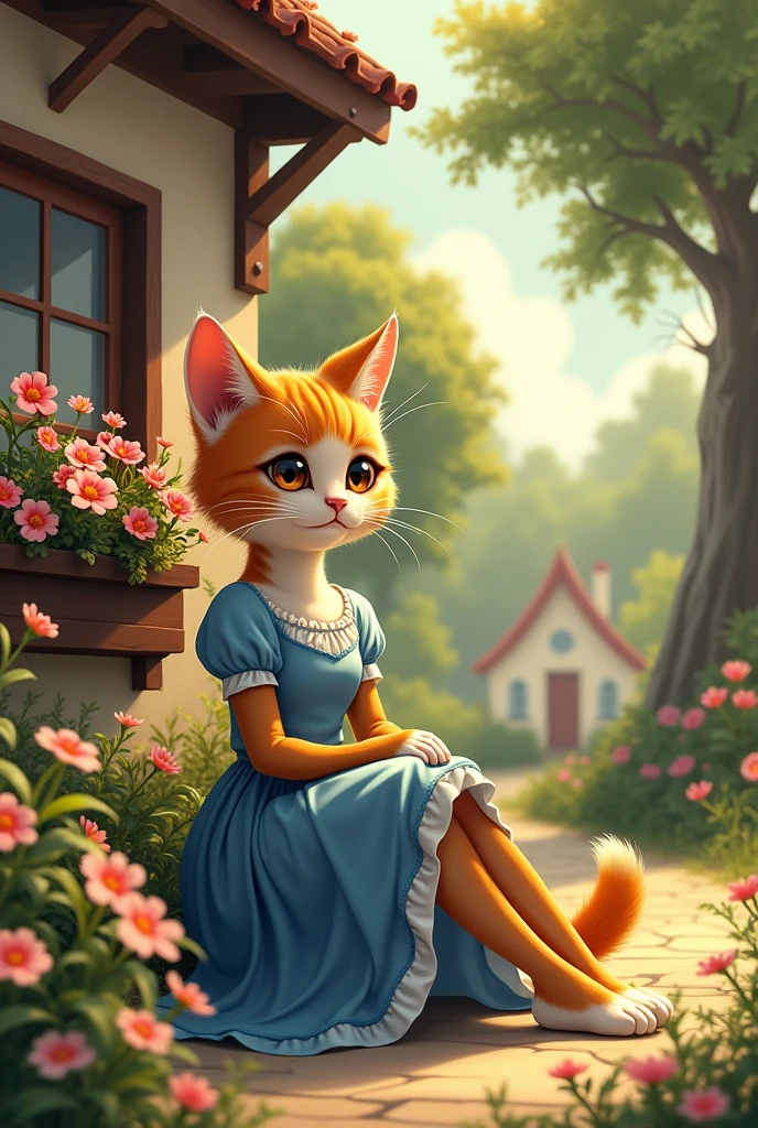 **Bella the Beautiful orange female Cat in human body**:
   - ****: "A beautiful orange cat in human body with vibrant patches of orange, black, and white fur wearinga beutiful blue dress, sitting in front of a quaint cottage surrounded by tall trees and blooming flowers. Bella, the cat, is nurturing and kind, her gentle eyes reflecting the soft sunlight. The cottage has an inviting, warm glow, with a window box full of colorful flowers that Bella tends to. The scene captures the peaceful, loving atmosphere of Bella’s home."
