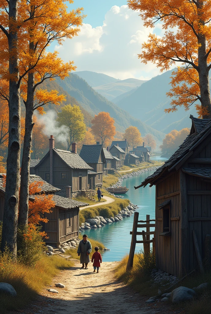 Poor village realistic near river with autumn tree 