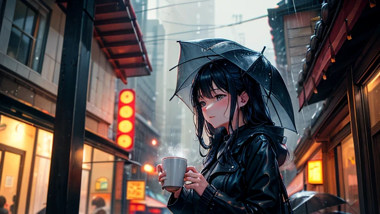 Under the eaves of a city cafe、Please draw a woman sheltering from the rain.。A woman closes her umbrella under the roof of a cafe、A scene of her watching the rain and holding a cup of coffee.。In the background、Wet cityscapes and reflective neon lights are depicted.、Please express the warm urban atmosphere even in the rain.。