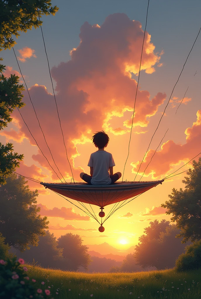 A backyard picture of an older boy sitting on a flying parachute and contemplating a beautiful sunset and a clear sky.