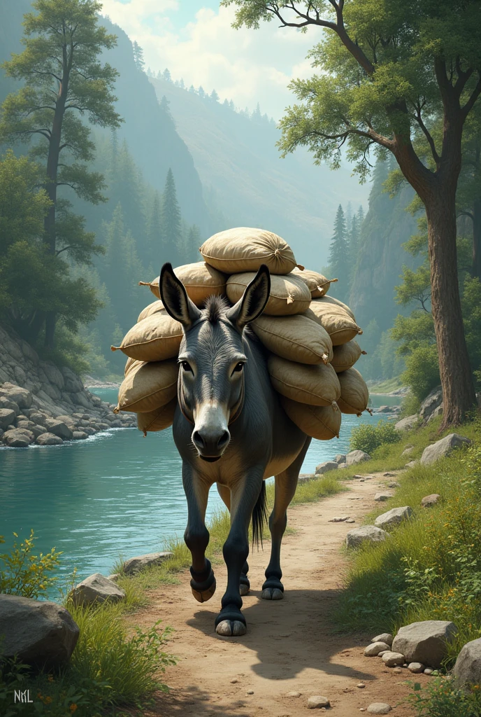 A donkey with many sacks on his back went to the river to drink water