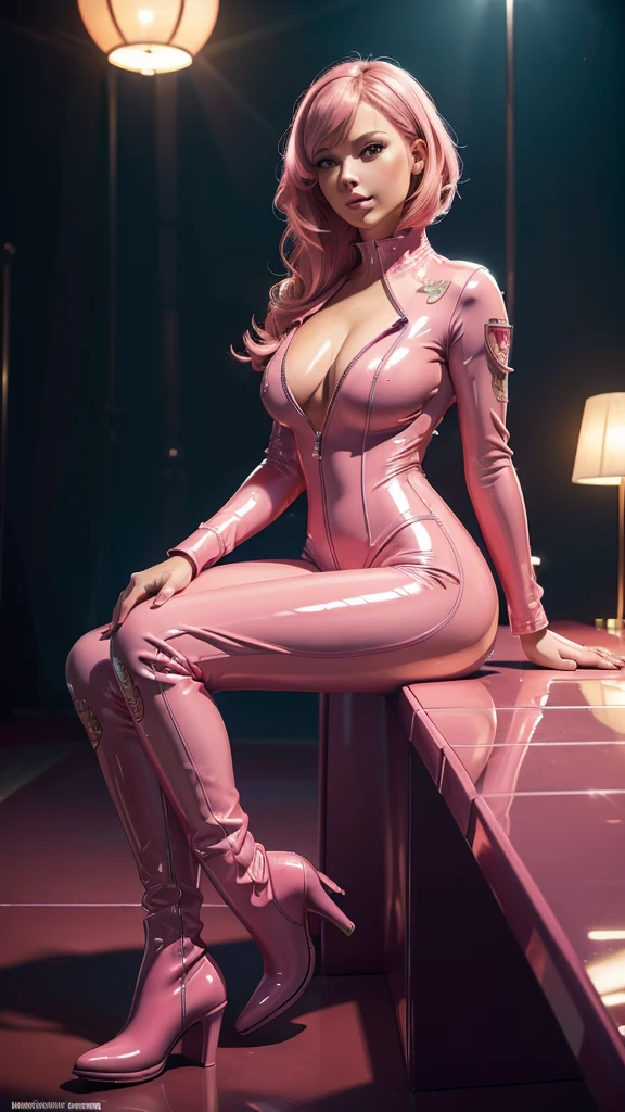 (high resolution, full body,soft skin:1.2),(best illustration,masterpiece:1.2),ultra-detailed,[(cat ears,black fur,pink inside:1.2),(kiss,romantic,intimate):1.3],vivid colors,sharp focus,portrait,studio lighting,bokeh, pink latex jumpsuit and boots, sitting with right leg bent