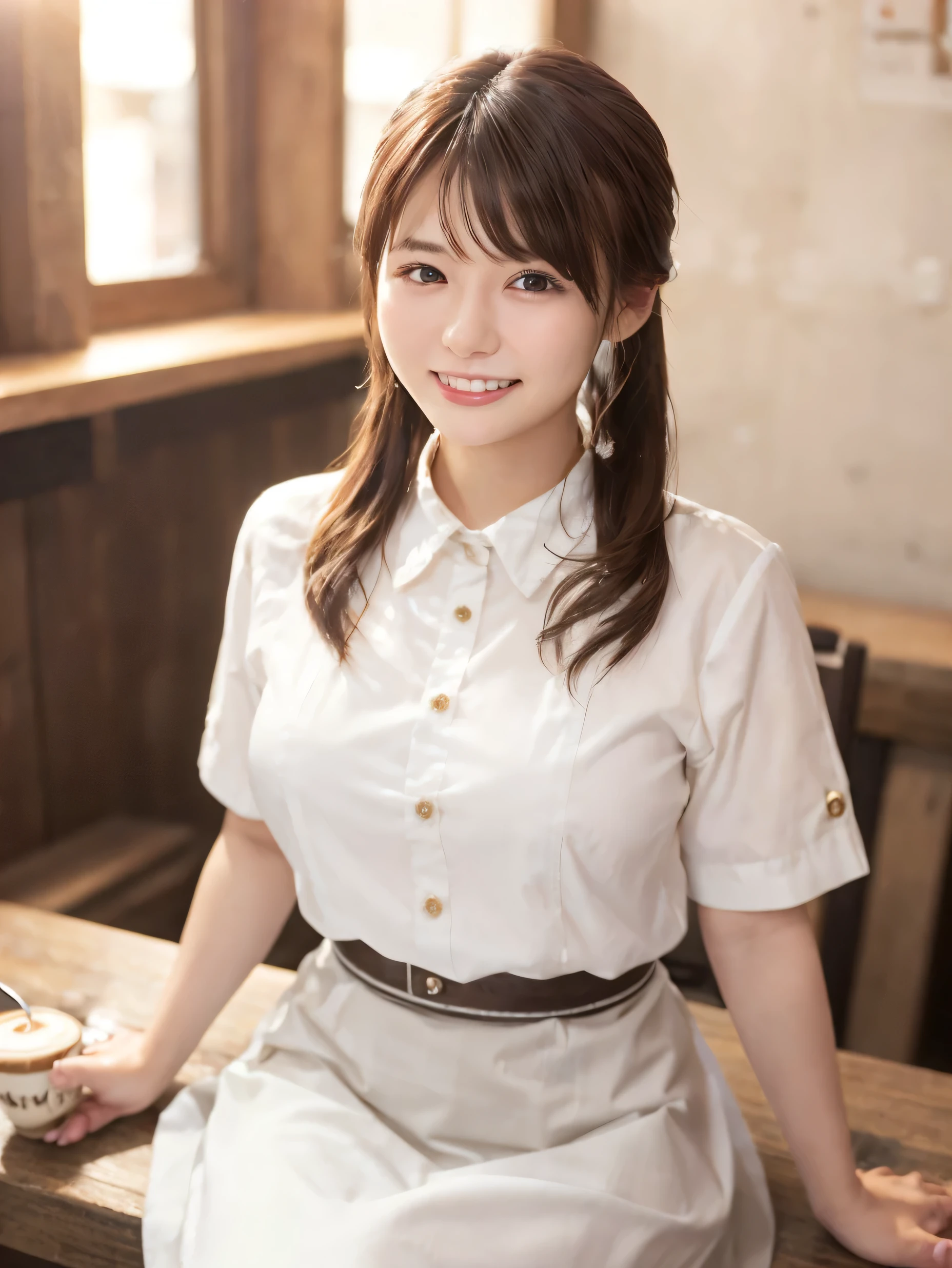 1 girl、(RAW Photos、Highest quality)、(Real、Photoreal:1.4)、Tabletop、Very delicate and beautiful、Very detailed、2k wallpaper、wonderful、Detailed、very detailedCG Unity 8K wallpaper、Super detailed、1、High resolution、((White waitress outfit))、Long skirt、Elegant skirt、Big Breasts、Frills、ribbon、Soft Light、Beautiful detailed girl、Cafe waitress、Medium Hair、Twin tails、smile、Happy Face、Cafe、coffee shop、latte Art