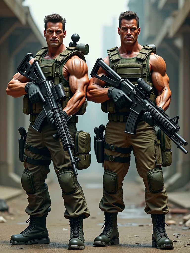 two soldiers like Stallone and Schwarzenegger with military clothing with machine guns and rocket launchers, labeled as Konami Contra. Realistic photo style.