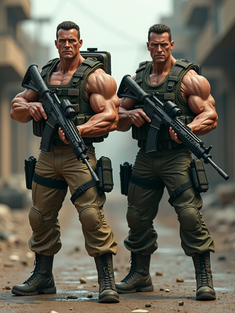 two soldiers like Stallone and Schwarzenegger with military clothing with machine guns and rocket launchers, labeled as Konami Contra. Realistic photo style.