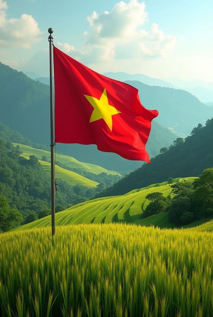 terraced fields in vietnam, plant a giant vietnamese flag