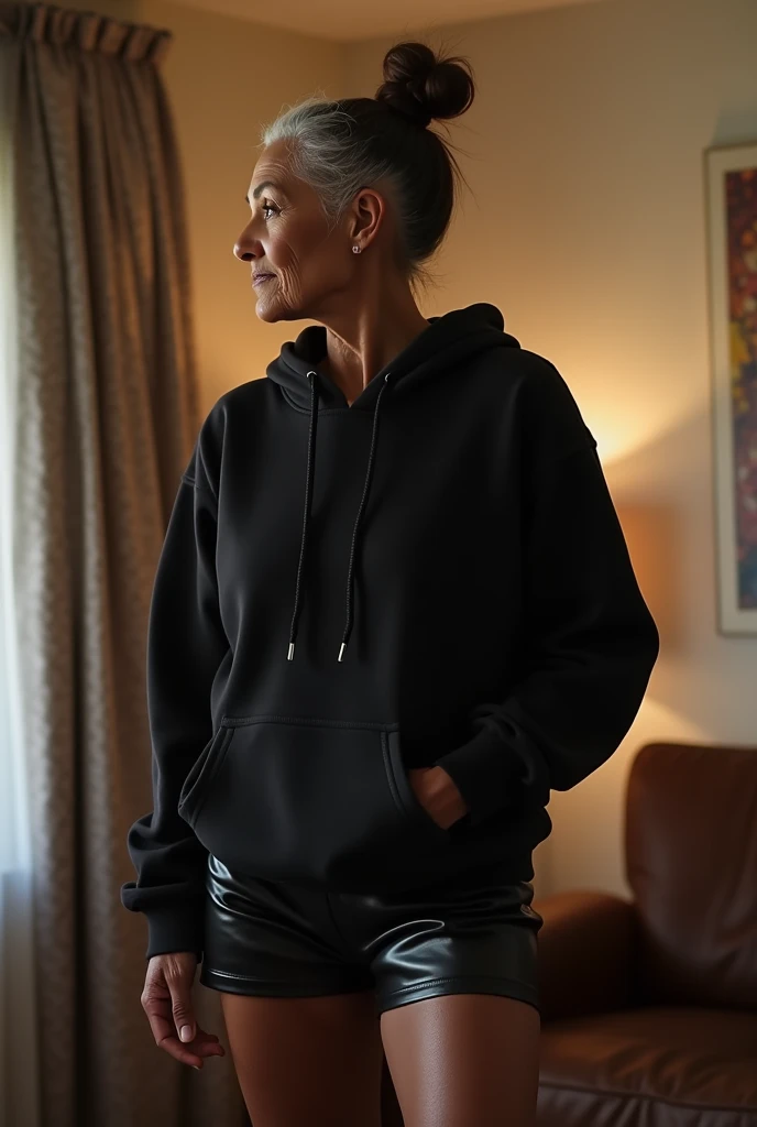 black woman hair in a bun black hoodie black leather short shorts getting fucked in the ass by a old age white grandma in a dress in a living room