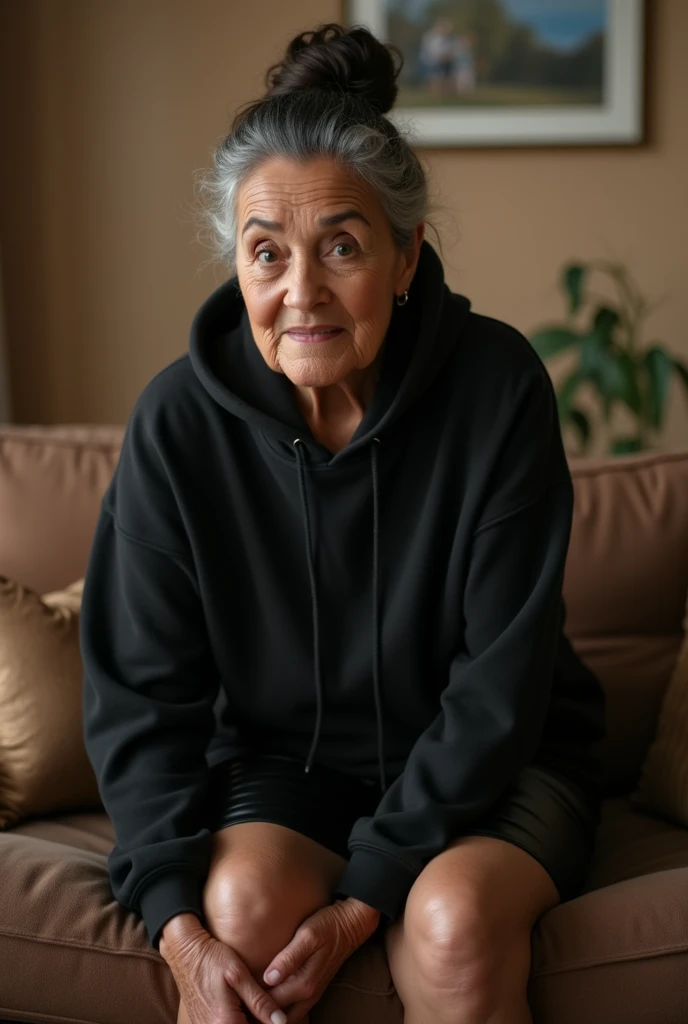 black woman hair in a bun black hoodie black leather short shorts getting fucked in the ass by a old age white grandma in a dress in a living room