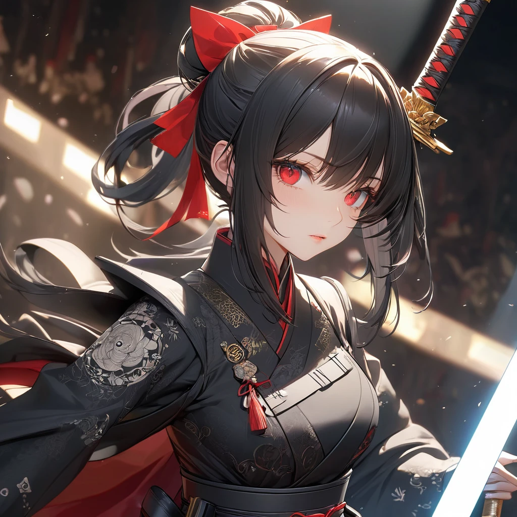 最high quality, wonderful_delicate, wonderful delicate eyes, Super detailed, beautiful, 8k , One girl, Red eyes, evil, Facial Contour,(Absurd, High resolution, Super detailed), masterpiece, The perfect solution, wonderfulディテール, Super Detailed, Cinema Lighting, Ray Tracing, Depth of written boundary, Cinema Lighting, Ray Tracing, 超High resolution, Attention to detail, 最high quality, High resolution, high quality, Awards, Super Detail, masterpiece, 8k, 超High resolution, Attention to detail, 最high quality, High resolution, high quality, Awards, Super Detail, masterpiece, 8k, Digital Art, Anime Coloring,"wearing a modern ninja costume with meticulous detail., Attention to detail近代的な忍者衣装を着て、Create an illustration of a futuristic female ninja with black hair,. She has long black hair tied with a red ribbon and symbols.。She must be wearing a luxurious black outfit with red accents that feature characters.。. She has a sword with intricate designs on the hilt and scabbard.. The story is set in the Edo period.