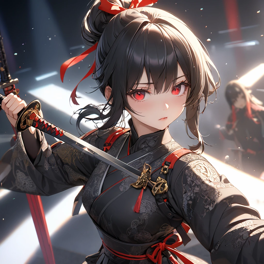 最high quality, wonderful_delicate, wonderful delicate eyes, Super detailed, beautiful, 8k , One girl, Red eyes, evil, Facial Contour,(Absurd, High resolution, Super detailed), masterpiece, The perfect solution, wonderfulディテール, Super Detailed, Cinema Lighting, Ray Tracing, Depth of written boundary, Cinema Lighting, Ray Tracing, 超High resolution, Attention to detail, 最high quality, High resolution, high quality, Awards, Super Detail, masterpiece, 8k, 超High resolution, Attention to detail, 最high quality, High resolution, high quality, Awards, Super Detail, masterpiece, 8k, Digital Art, Anime Coloring,"wearing a modern ninja costume with meticulous detail., Attention to detail近代的な忍者衣装を着て、Create an illustration of a futuristic female ninja with black hair,. She has long black hair tied with a red ribbon and symbols.。She must be wearing a luxurious black outfit with red accents that feature characters.。. She has a sword with intricate designs on the hilt and scabbard.. The story is set in the Edo period.