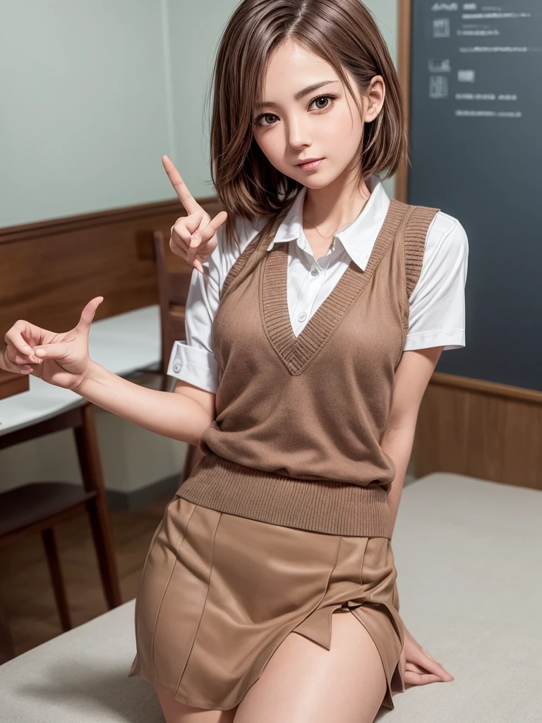 Masterpiece, Top Quality, Top Mikoto, brown eyes, short hair, small breasts, looking at viewer, alone, closed mouth, collared shirt, beige knit vest, dark blue  Skirt, school_uniform, shirt, white_shirt, classroom,Masterpiece, highest quality, 8K, detailed skin texture, fine cloth texture, beautiful detailed face, intricate details, super detailed,cute,cute posing,composition that shows the whole body, brown hair,Pointing a finger like a gun, aiming straight ahead, gun hand sign, detailed finger