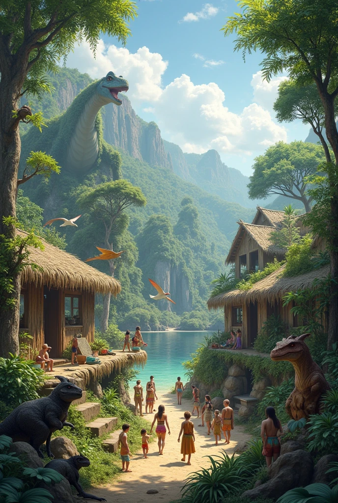 Make an clan with people in it living with different kind of dainasours and different creatures dragons etc who are there friend make huts as well with describing the beauty and diversity of our ecosystem human enjoying with plants animal and nature
