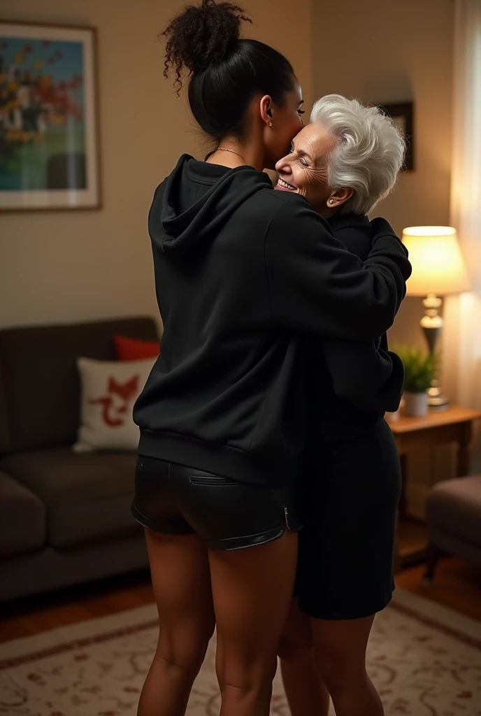 black woman hair in a bun black hoodie black leather short shorts getting fucked in the ass by a old age white grandma in a dress in a living room