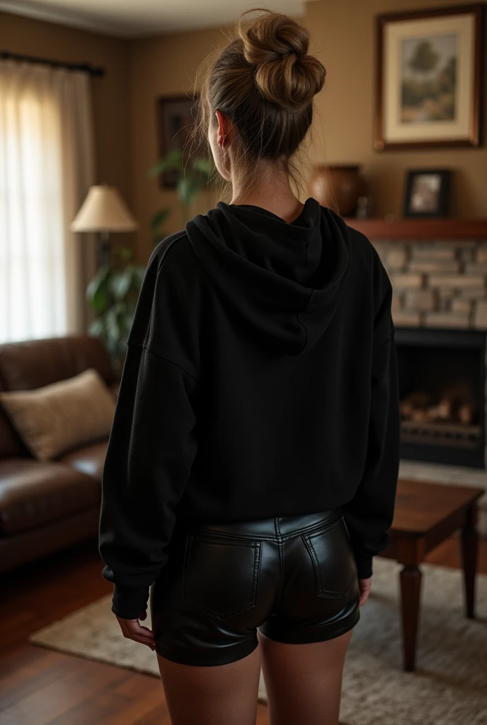 black woman hair in a bun black hoodie black leather short shorts getting fucked in the ass by a old age white grandma in a dress in a living room