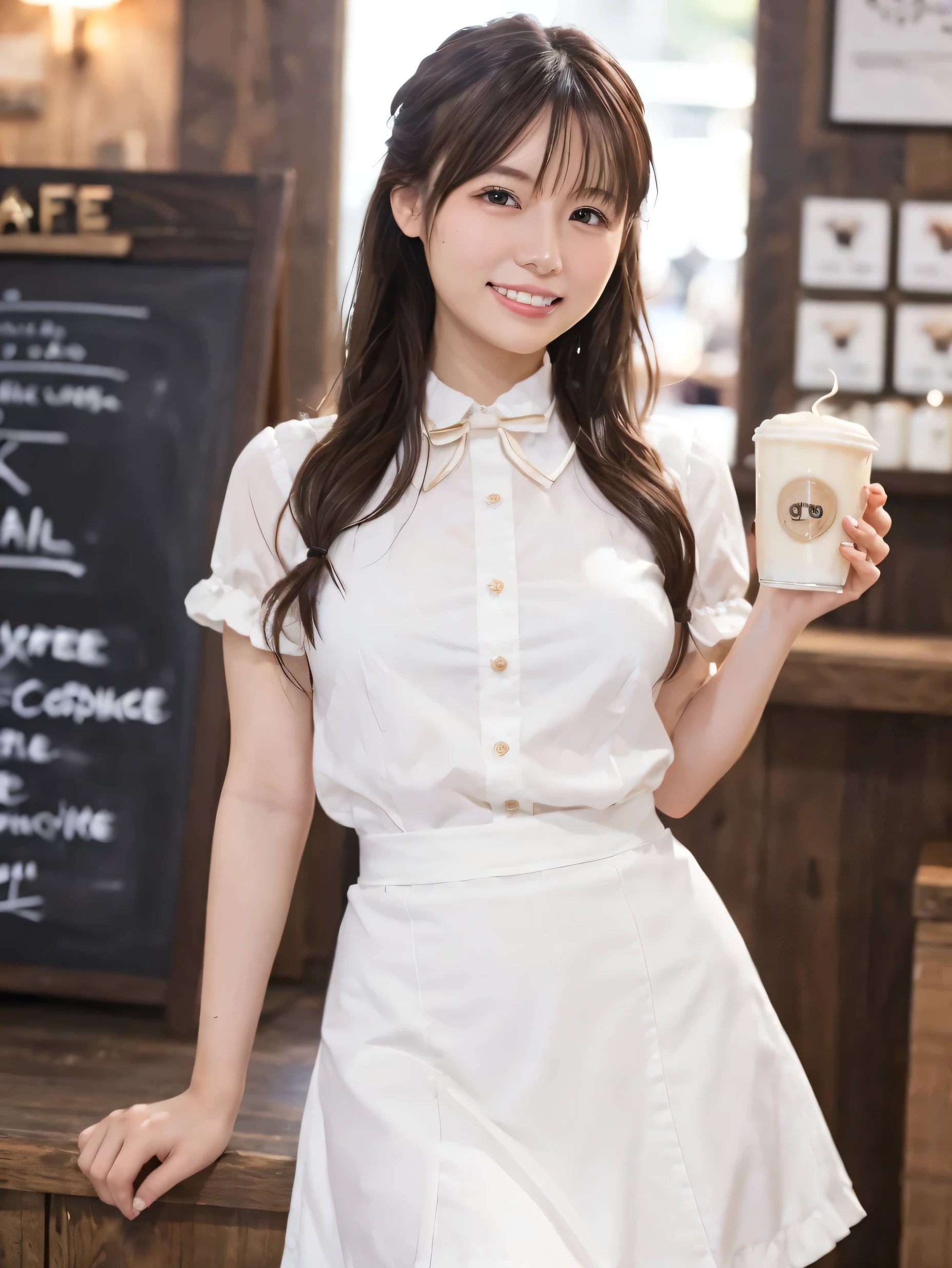 1 girl、(RAW Photos、Highest quality)、(Real、Photoreal:1.4)、Tabletop、Very delicate and beautiful、Very detailed、2k wallpaper、wonderful、Detailed、very detailedCG Unity 8K wallpaper、Super detailed、1、High resolution、((White waitress outfit))、Long skirt、Elegant skirt、Big Breasts、Frills、ribbon、Soft Light、Beautiful detailed girl、Cafe waitress、Medium Hair、Twin tails、smile、Happy Face、Cafe、coffee shop、latte Art