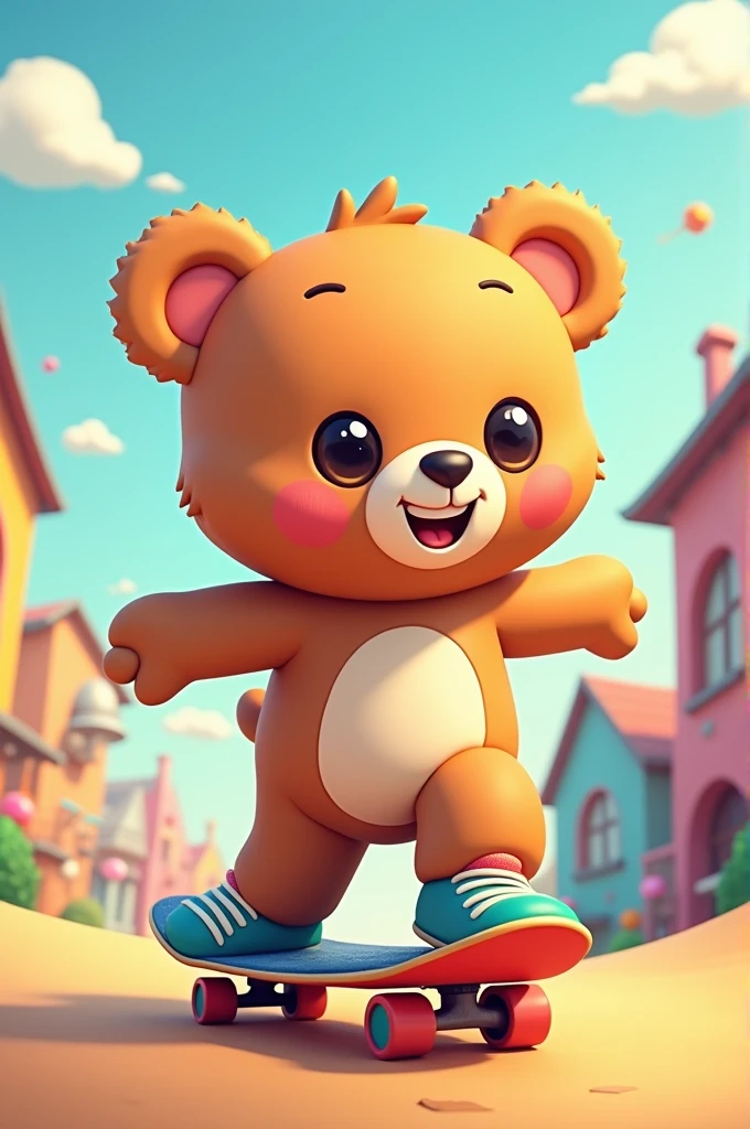 Create a cute teddy bear skateboarding image in cartoon format