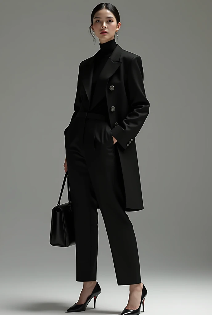 A perfect woman in black Turtleneck with a black suit and black high heels