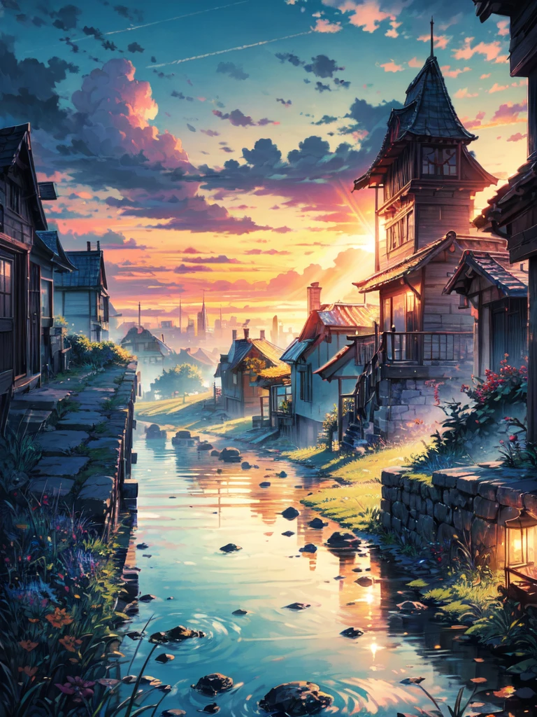 "A mesmerizing sunset scene on the last day of summer, mesmerized by the majestic golden rays of sunlight and clouds., creating an impressive and vibrant color palette. Detailed landscapeHigh resolution, Best quality, In detail, high detail, Ultra-high clarity,