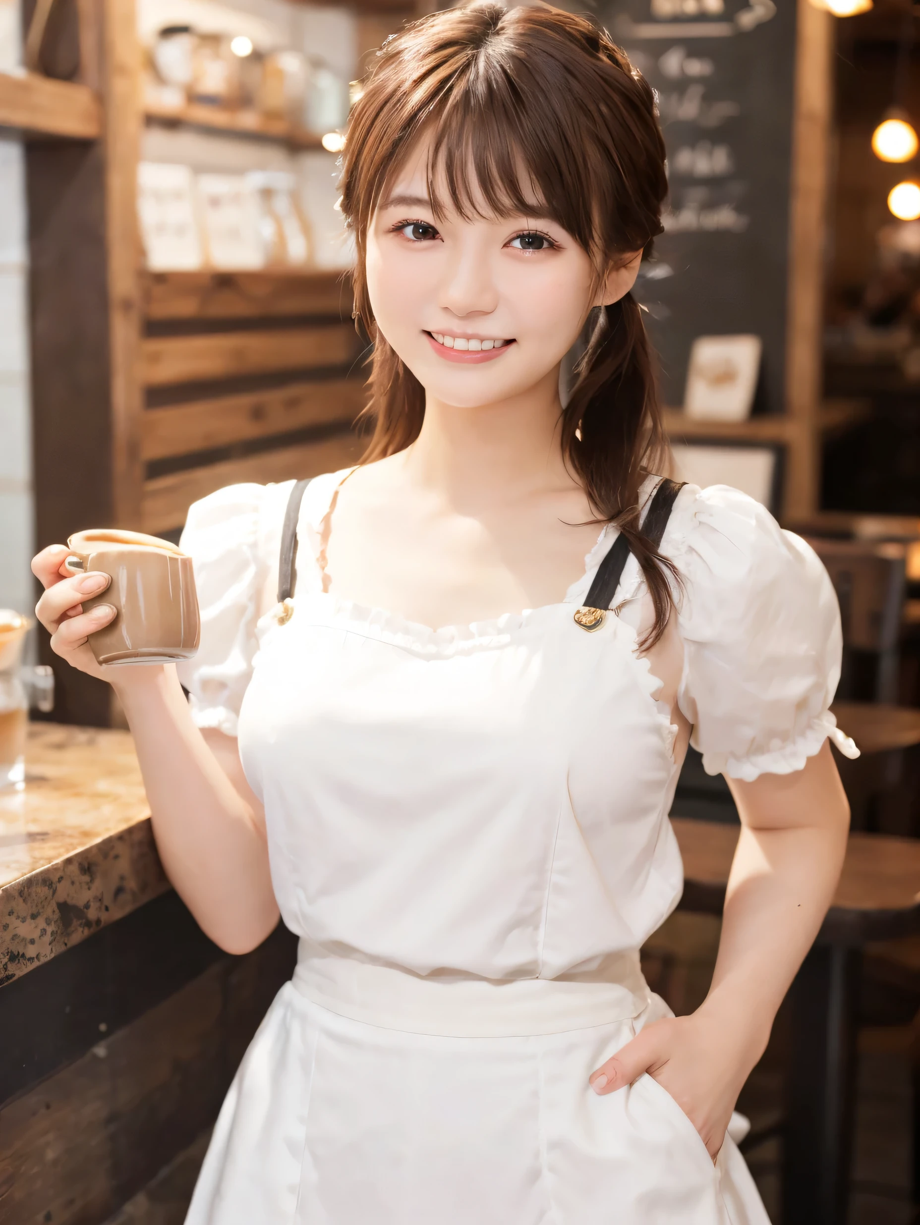 1 girl、(RAW Photos、Highest quality)、(Real、Photoreal:1.4)、Tabletop、Very delicate and beautiful、Very detailed、2k wallpaper、wonderful、Detailed、very detailedCG Unity 8K wallpaper、Super detailed、1、High resolution、((White waitress outfit))、Long skirt、Elegant skirt、Big Breasts、Frills、ribbon、Soft Light、Beautiful detailed girl、Puff sleeves、Cafe waitress、Medium Hair、Twin tails、smile、Happy Face、Cafe、coffee shop、latte Art