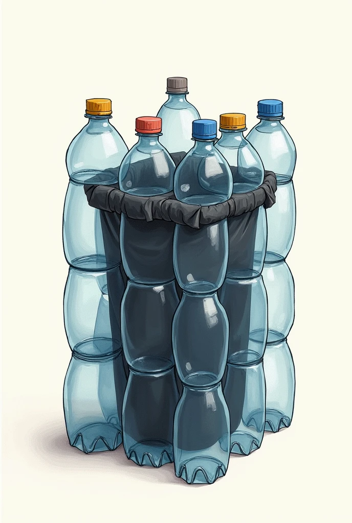 Make me a blueprint sketch for making a trash can from used plastic bottles with Black plastic bag added in the middle as a container for trash.