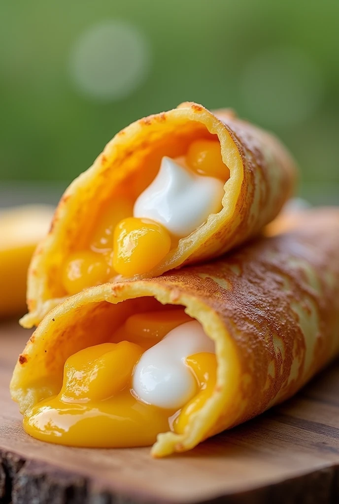 color orange crepe burrito with mango filling and yogurt. cut in half. in the BOTTOM LEFT CORNER. YOGURT IS INSIDE. BURRITO, IT SHOULD BE FILLED. LANDSCAPE